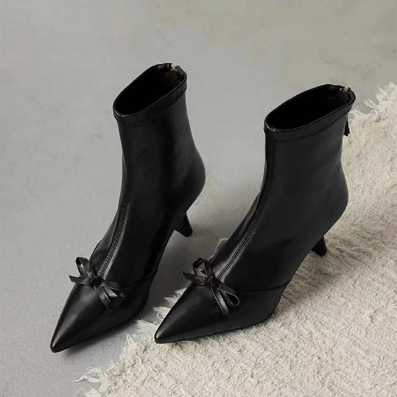 Bow Sexy High Heels Ankle Women's Boots Fashion Pointed Toe Shoes Winter Pumps Fashion Elegant Dress Stilettos Mujer Botas