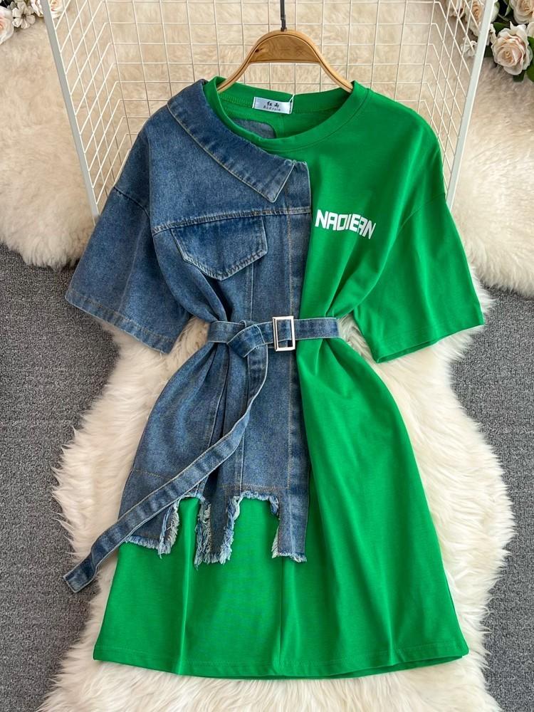 Элегантные летние женские лоскутные джинсовые рубашки, винтажные повседневные тонкие блузки, топы с поясом, женский модный пуловер, одежда, новинка