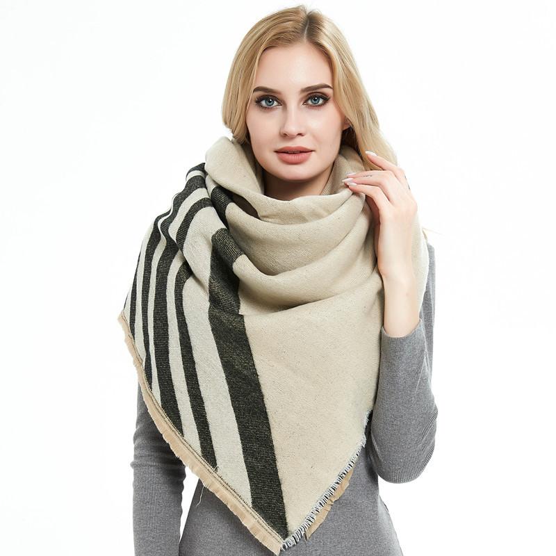 Autumn Winter Women's Wide Striped Scarf Geometric Pattern Shawl Thick Warm Scarf
