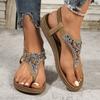 Модные женские сандалии Модные сандалии в богемном стиле со стразами Женские 2025Летние сандалии-вьетнамки на плоской подошве Пляжные сандалии Нескользящая эластичная резинка Женская обувь