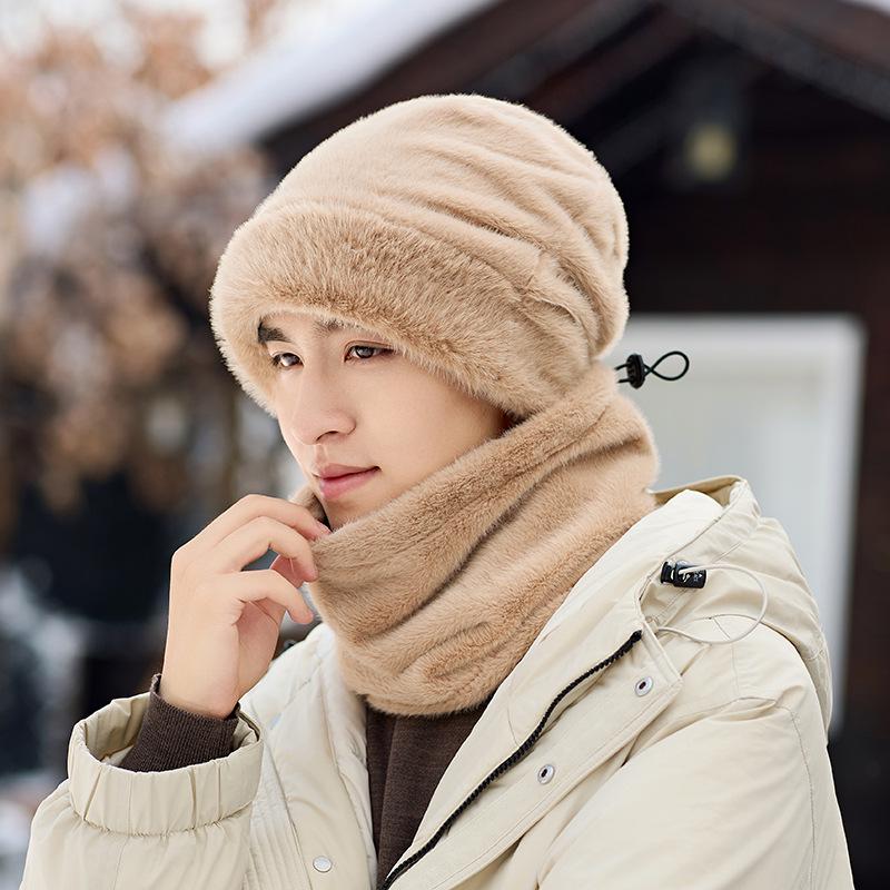 Men's 2025 Velvet Thick Beanie with Scarf & Ear Protection - Windproof & Warm for Autumn/Winter