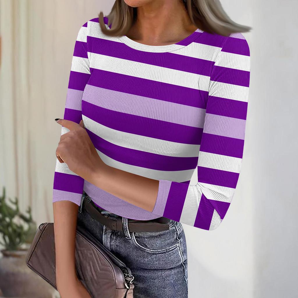 Женский повседневный модный топ в полоску с круглым вырезом и рукавами три четверти, в рубчик