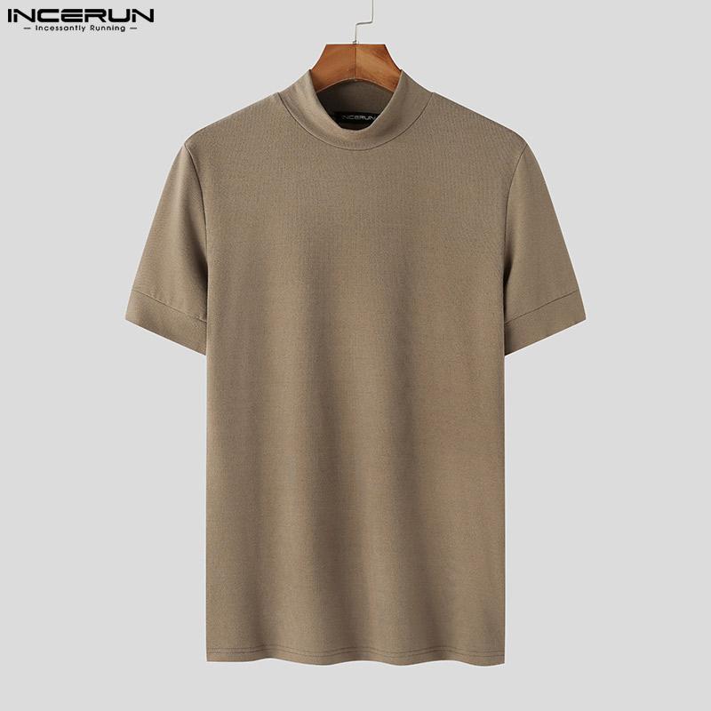 INCERUN Мужские футболки с коротким рукавом и воротником-стойкой, однотонные базовые топы