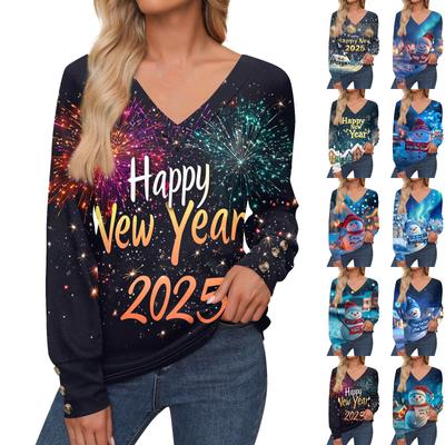 Женская мода повседневный свитер с длинным рукавом и V-образным вырезом с рождественским принтом