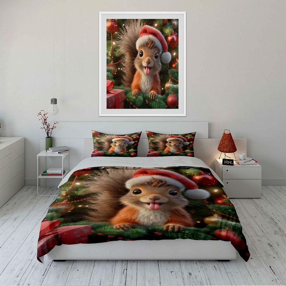 Christmas Squirrel in Santa Hat Bedding Duvet Cover Set (1*Duvet Cover 2*Pillowcases, without duvet insert)