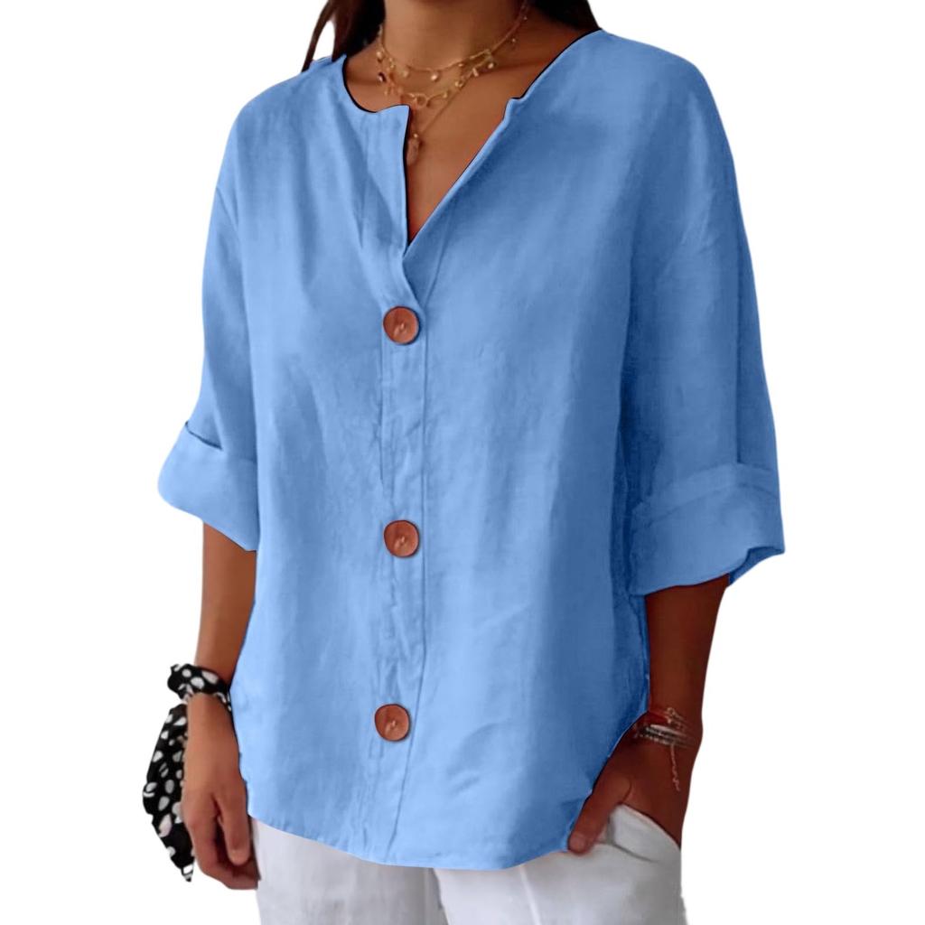 Women's Fashion Casual V-Neck Buttoned Seven Sleeve Cotton Linen Top