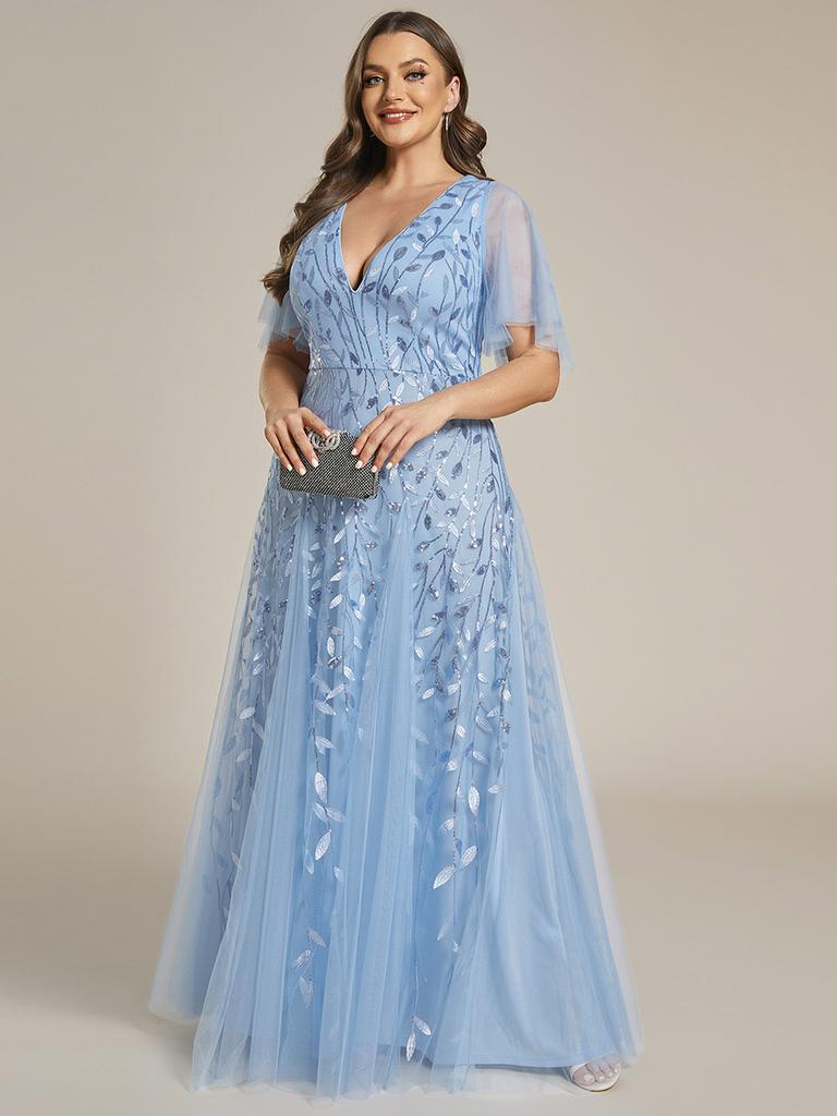 Ever-Pretty Womens Plus Size V Neck A Line Sequin Tulle Formal Dresses