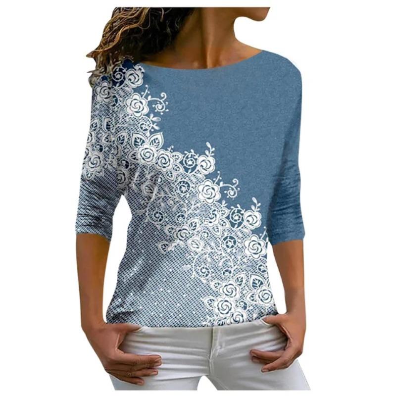 Осенняя универсальная женская футболка с длинными рукавами и цветочным принтом, обычный повседневный топ в стиле ретро с круглым вырезом и разноцветным принтом в стиле бохо