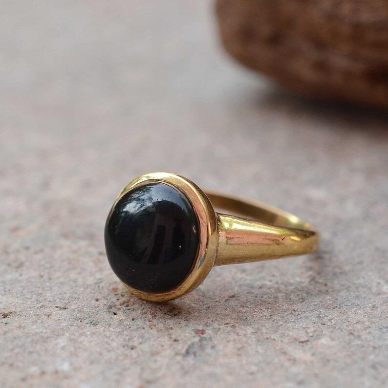Black Onyx Gemstone Round Ring, Yellow Gold Ring, Handmade Ring, Women Ring, 925 Silver Ring, Birthstone Ring, Gift For Her