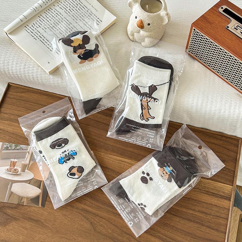 Мультяшные носки, Женские осенне-зимние носки до середины икры с фестончатым краем, Милые носки с таксой Дуи, Коричневые длинные носки