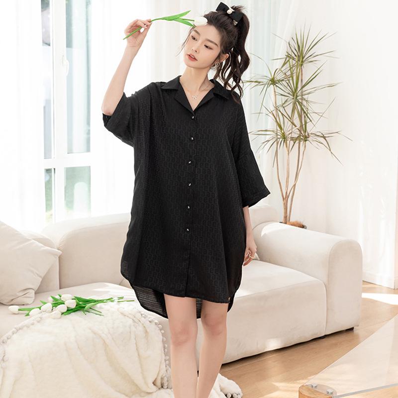 Ice Silk Jacquard Shirt Dress Nightdress: 2024 Spring/Autumn Collection