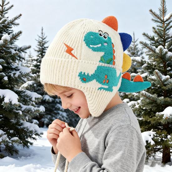 Children Hat Cartoon Dinosaur Design Knitted Hat Soft Warm Ear Protection Kids Animal-themed Hat Winter Accessory
