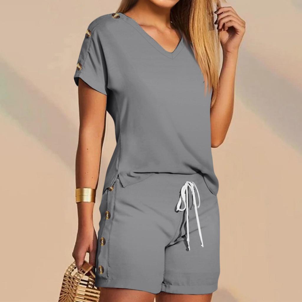 Женские футболки, футболки, шорты, комплекты с графикой, повседневные однотонные комплекты с V-образным вырезом, стандартная посадка