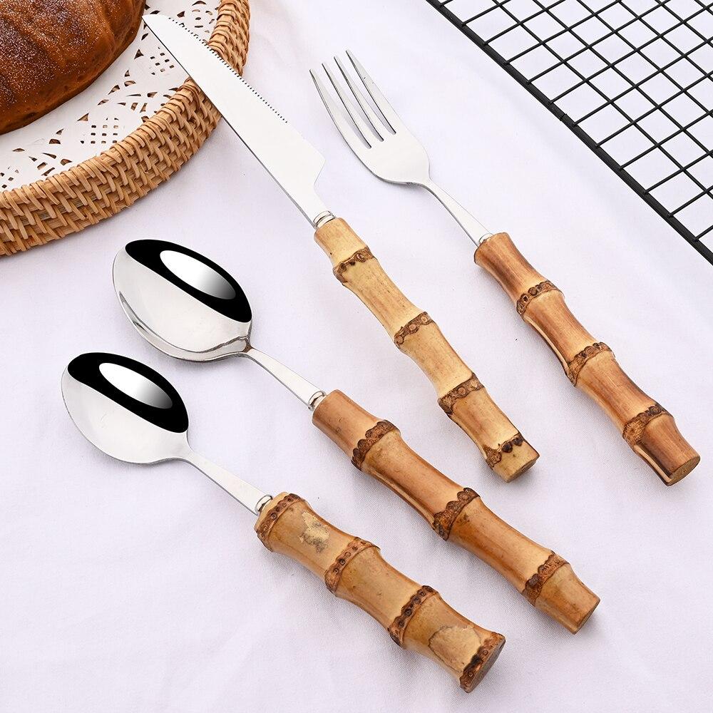 2/4/6Set Bamboo Handle Tableware Set Stainless Steel Flatware Fork Steak Knife Spoon Silverware Set Dinnerware Home Cutlery Set