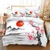 Ink Painting Duvet Cover Japanese Style Mount Fuji Comforter Cover Red Cherry Blossoms Print Bedding Set For Adults Teens Girls