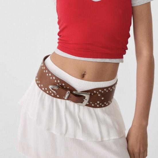 Punk Style Belt Rivet Decor Wide Imitation Leather Waistband Dress Shirt Versatile Waist Belt Fashion Accessory