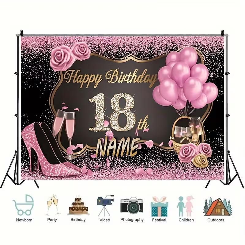 Фон для 18-летия с именем, на заказ, розовые шары и розы
