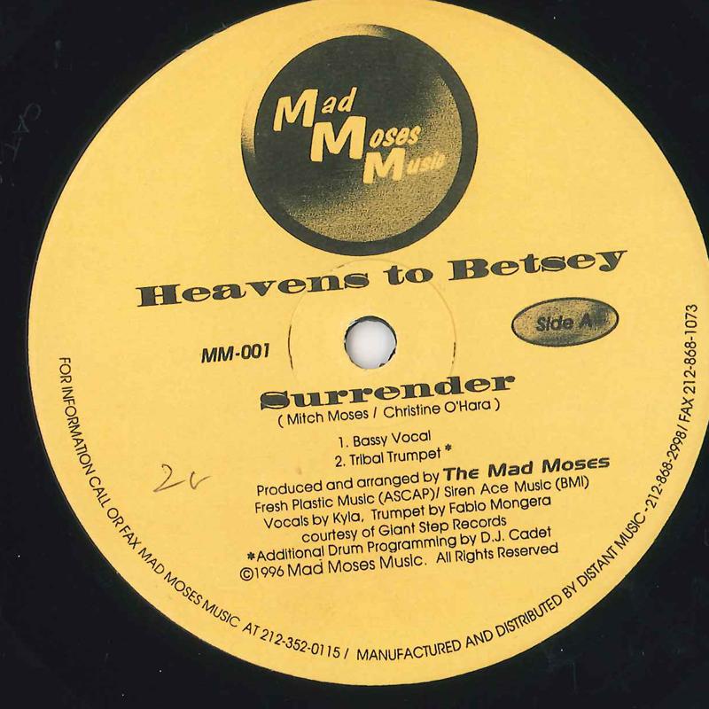 12-дюймовая пластинка HEAVENS TO BETSEY - Surrender MM001 MAD MOSES MUSIC 1996 США Танцевальная и электронная музыка Б/у