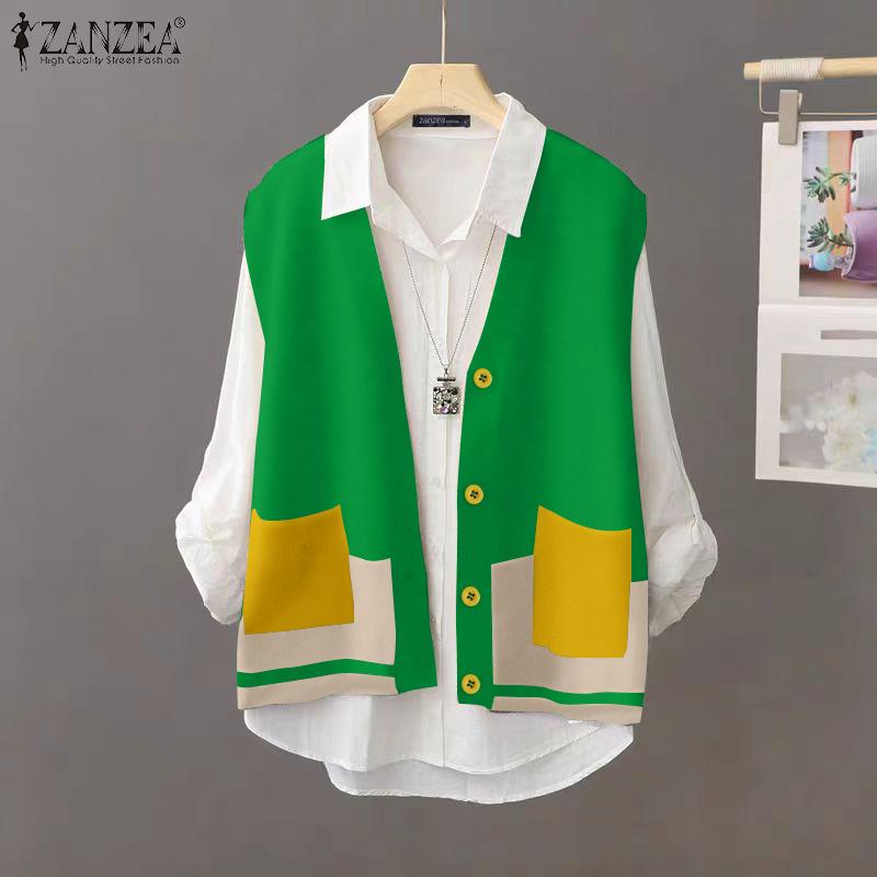 ZANZEA Женские винтажные жилеты без рукавов с цветными карманами