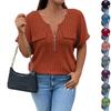 Women's Loose Solid Color Large Size Zipper Short Sleeve Fake Pocket Pullover T-shirt Top