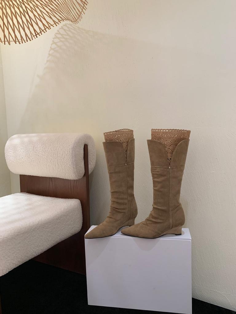 Wedge Heel Boots Children 2025 Autumn and Winter New Pointed Knight Boots Lace Becomes Knee High Boots