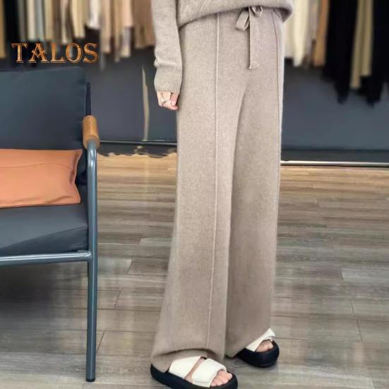 Повседневные шерстяные брюки, однотонные, прямые, широкие, трикотажные брюки с завязками на талии, утолщенные брюки