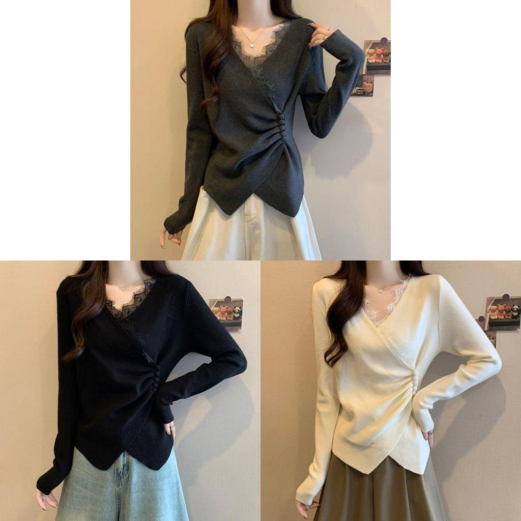 Casual T Shirt For Women With Lace Collage And Deep V Neck In Soft Fabric For Office Wear