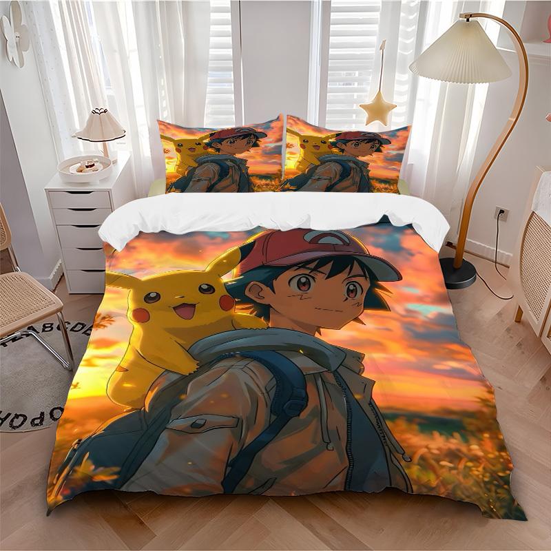 3pcs bedding set Pokémon Trainer Pikachu Includes 1 Comforter + 2 Pillowcases, Without Pillow Inserts, Soft Comfortable, Lightweight Breatha
