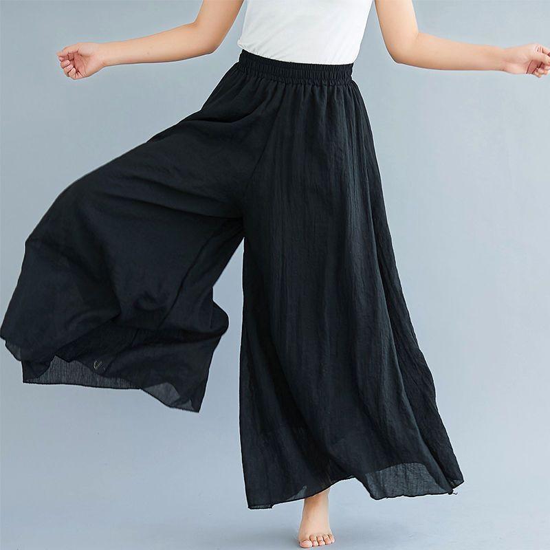 Artistic Cotton Wide Leg Pants for Women's Summer Loose and Casual Solid Color Big Swing High Waist Retro Yoga Pants Skirt