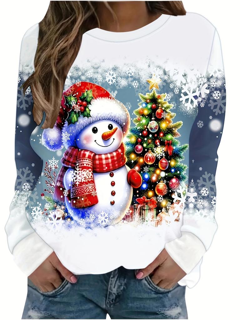 Женский пуловер большого размера европейского и американского кроя с принтом рождественских элементов, круглым вырезом и длинными рукавами, свободный модный топ