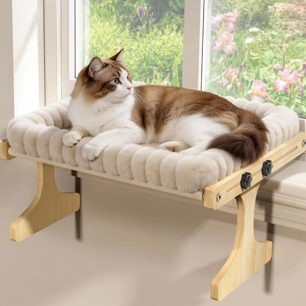 Plush Cushion Cat Window Bed Wooden Frame Hanging Cat Bed Cat Window Perch  Apartment