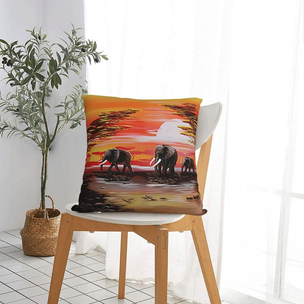 African Sunset Scene And Elephants Square Pillowcase Pillow Cover Cushion Throw Pillow for Home Sofa Living Room