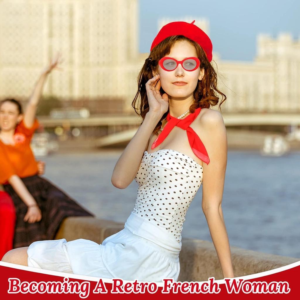5-piece set French Women's Red Beret Mime Costume Accessories Set Chiffon Scarf, Gloves, Oval Sunglasses, Vintage French Theme