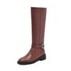 Cow Skin Autumn Winter Shoes Riding Boots Round Toe Keep Warm Metal Square Buckle Med Heels Thigh High Boots