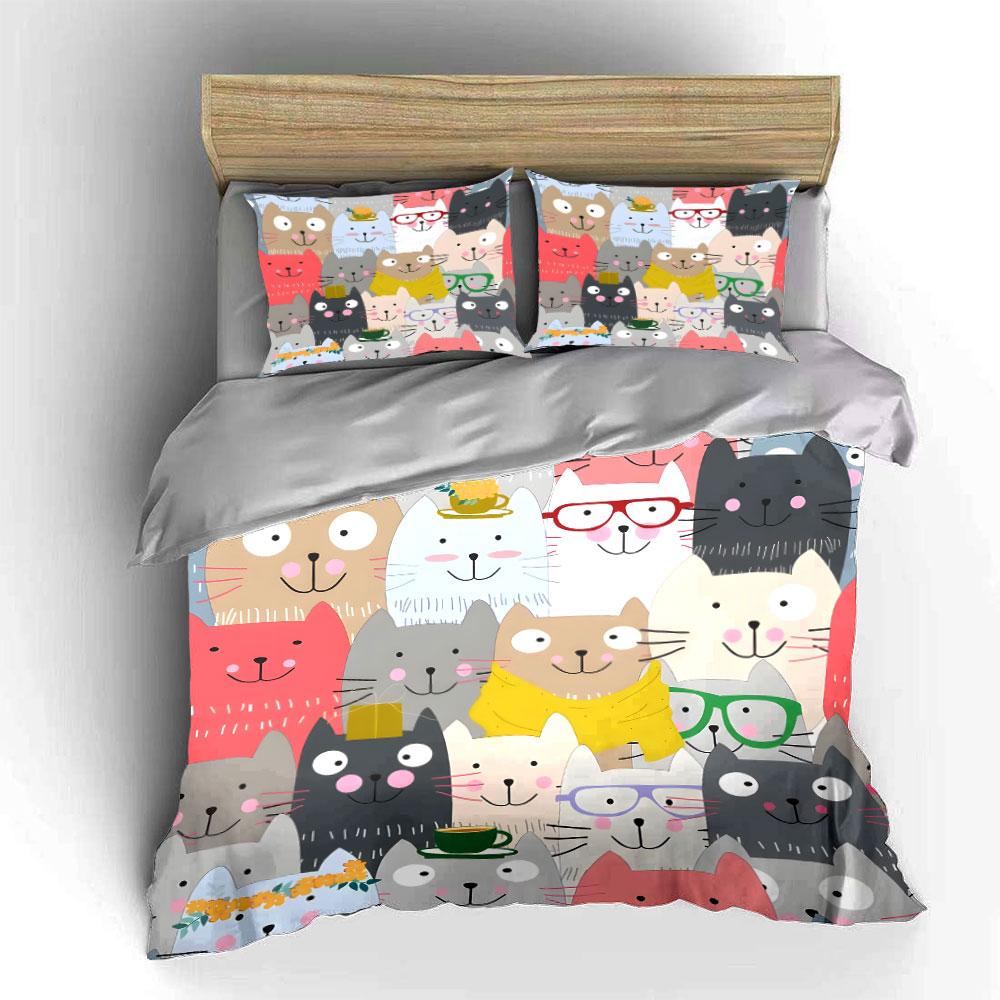 Colorful Cartoon Cats Print Bedding Duvet Cover Set (1*Duvet Cover 2*Pillowcases, without duvet insert)