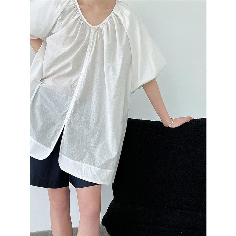 Французская рубашка с V-образным вырезом и свободными рукавами-буфами для женщин, летний двусторонний кардиган, повседневный топ, блузка свободного кроя, удобная женская рубашка, стильный топ