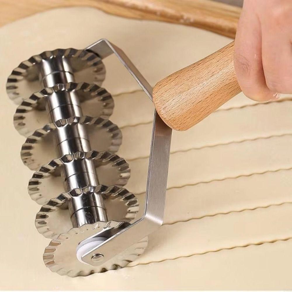 Wood Handle Manual Noodle Cutter 6 Wheel Pastry Crust Roller Multi-Purpose Dough Cutter Cooking