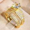 Huitan Gold Color Luxury 2Pcs/Set Rings With Shing Cubic Zirconia For Women Wedding Party Engagement Fancy Accessories Zircon