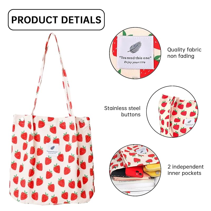 [YanZhou] Women's handbag, large capacity, corduroy handbag, has an inner bag, durable, stylish, and can be used repeatedly (strawberry)