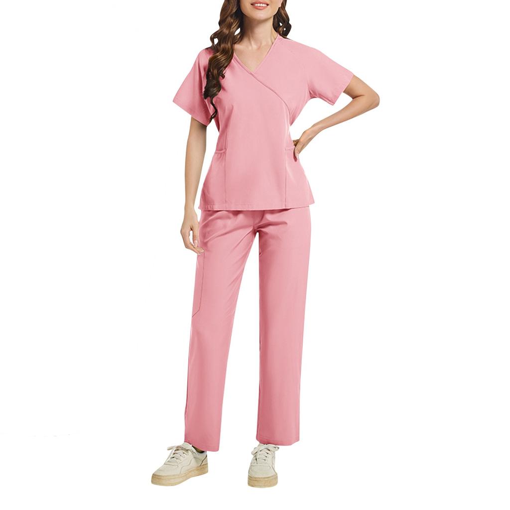 Ladies' Two-piece Set Short Sleeved Solid Color Pocket Top Pants Work Clothes Two-Piece Set