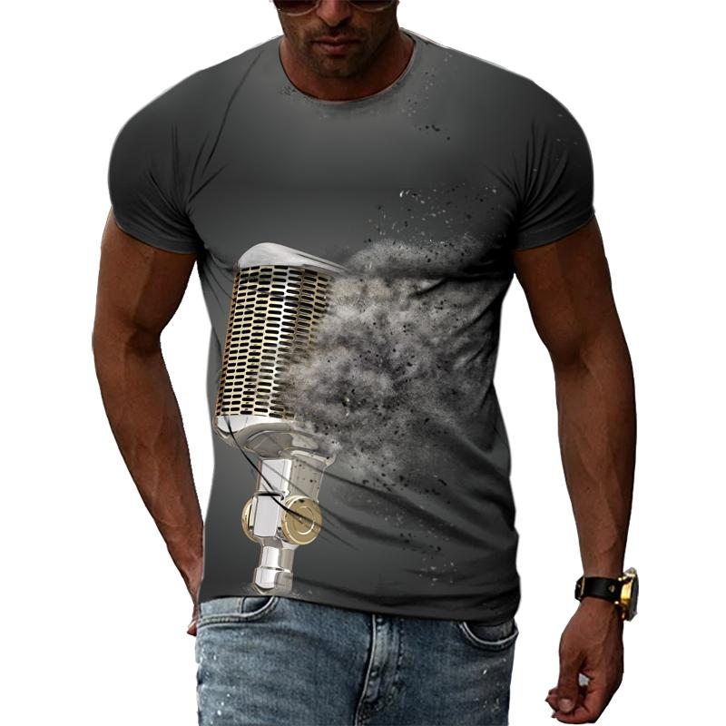Summer Fashion Music Element Pattern T-shirt Hip-Hop Trend Microphone  Printing Tops Casual Novelty Men's Short Sleeved Clothing