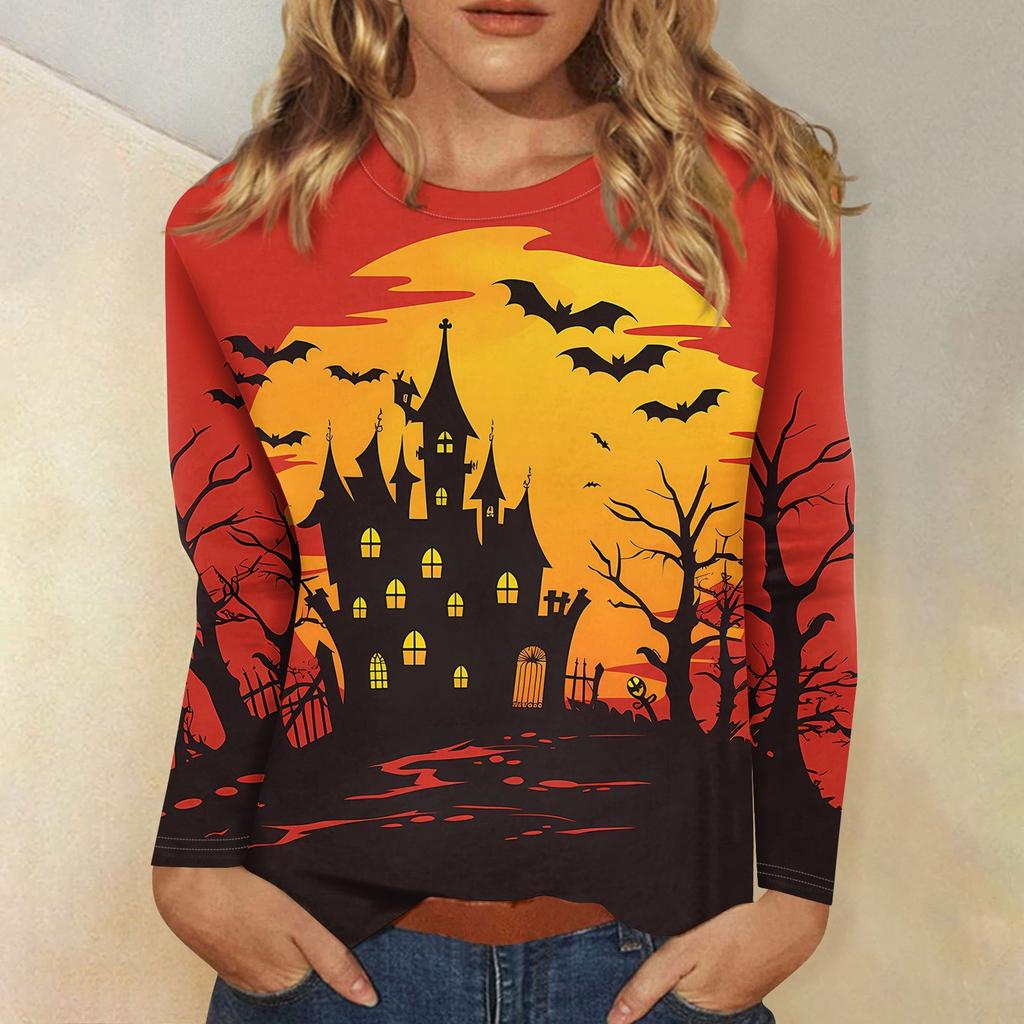 Women's Fashion Casual Halloween Printed Round Neck Long Sleeve Pullover Top