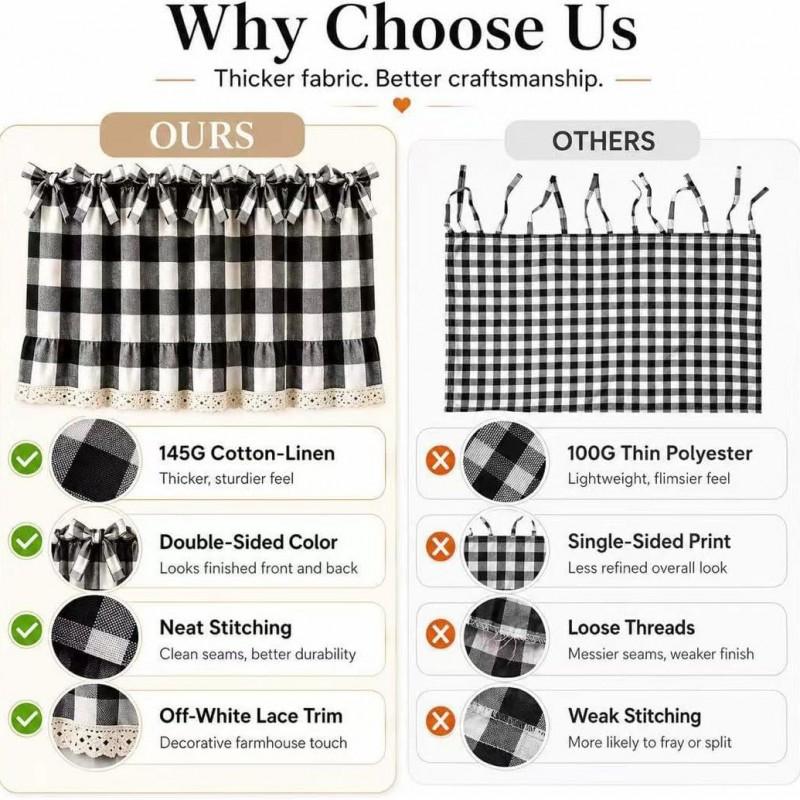 Modern Minimalist Gingham Oven Curtain Kitchen Stove Short Tiered Window Valance Cabinet Or Shelf Decor