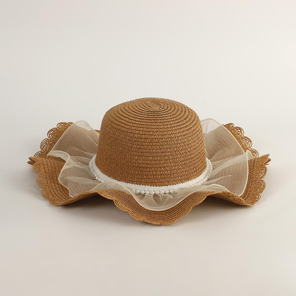 Летняя соломенная шляпа для девочек с жемчужной сеткой - Семейный стиль, Широкие поля, Защита от солнца