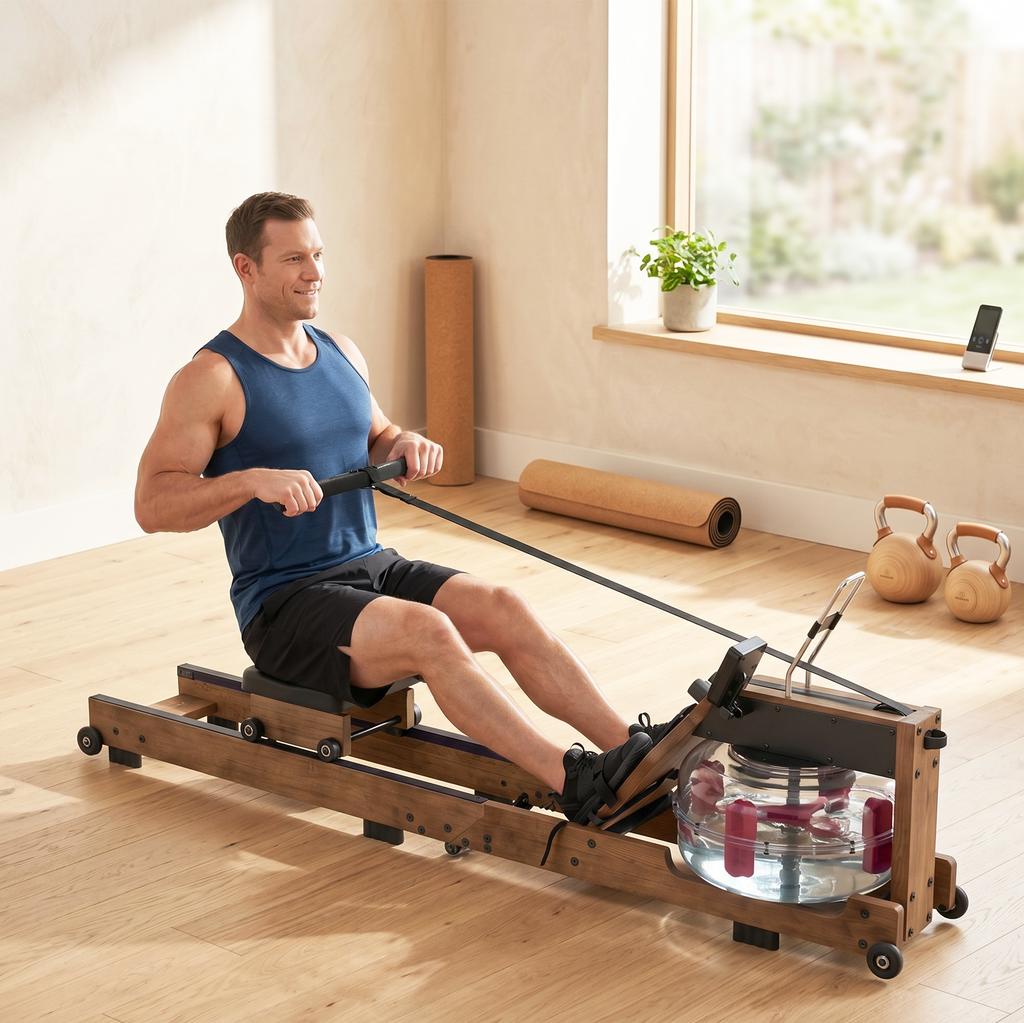 Water Rower For Home Rubber Wood Foldable With Bluetooth App Double Aluminum Rails LCD Display Up To 158 Kg
