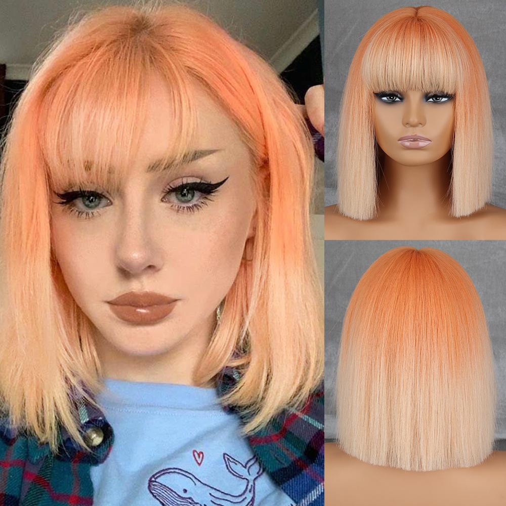 MISS WIG Short Straight Orange Wig With Bangs Synthetic Fiber Wig African American White Female Cosplay/Party/Daily Wig