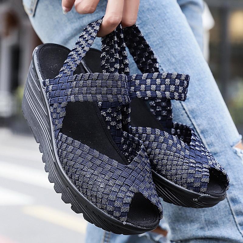 Женские летние сандалии на танкетке, увеличивающие рост, плетеные, пляжные, женские сандалии на танкетке, серые, на платформе, с открытым носком