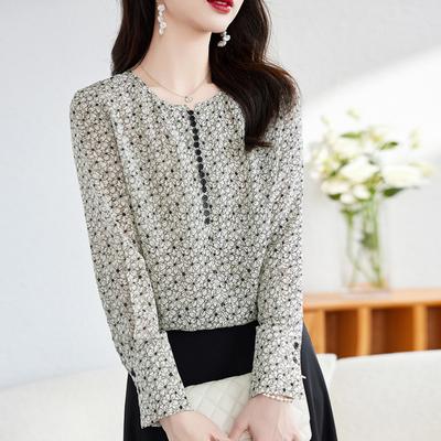 Женская блузка из двойного крепа, с длинными рукавами, весенняя одежда, новая, с круглым вырезом, с цветочным принтом, топ из 100% шелка тутового шелкопряда, темпераментная рубашка