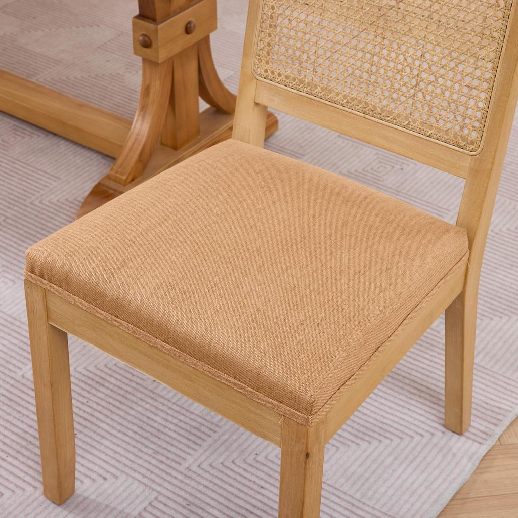 Rattan Dining Chairs Set of 2,Farmhouse Chairs with Cane Back,Mid Century Chairs with Hardwood Frame,Sponge & S-Spring Cushion, Tan,DE2883TN