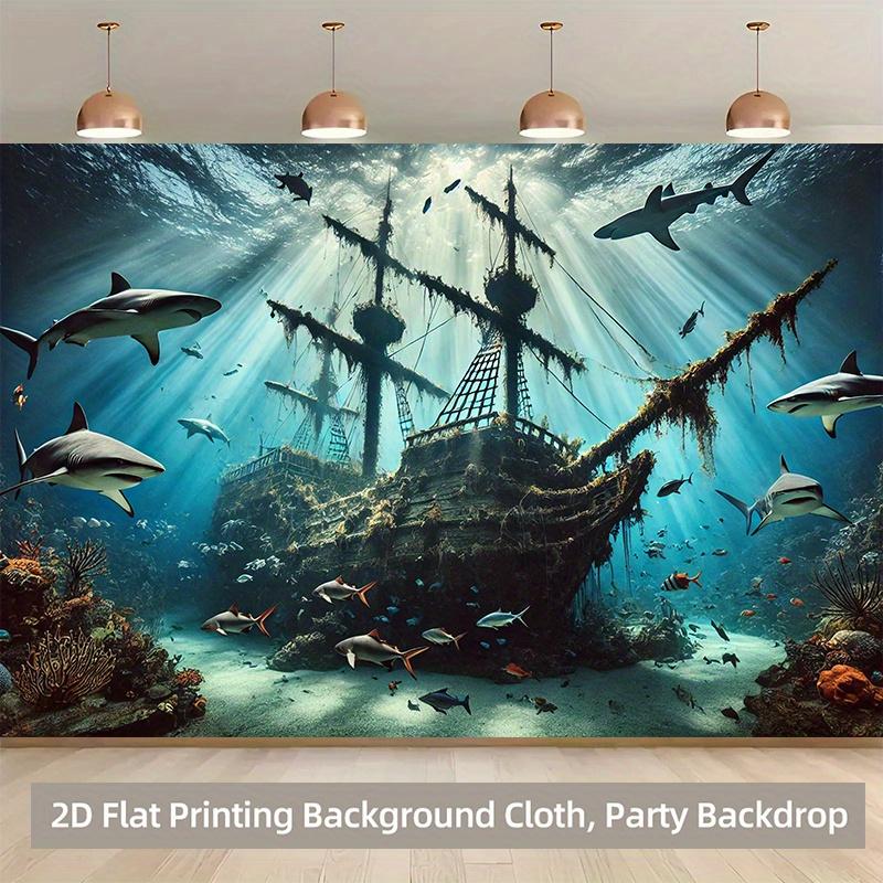 1pc, 2Dflat, underwater shipwreck and marine life backdrop banner, for photography, indoor/outdoor decoration, wsj
